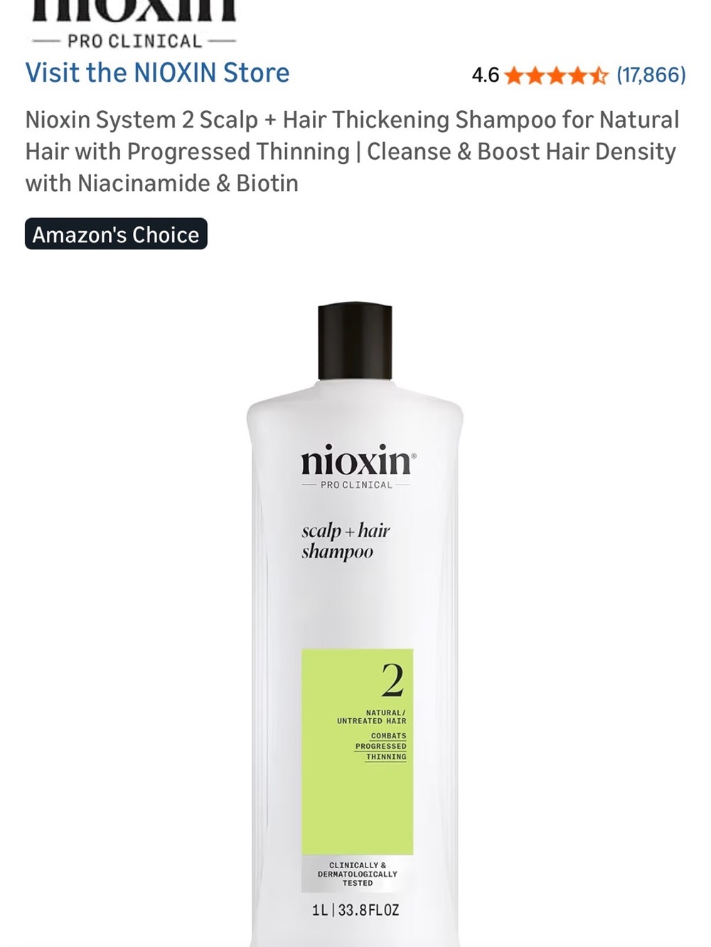 Nioxin Scalp + Hair Shampoo System 2 - White Bottle with Lime Label 1L